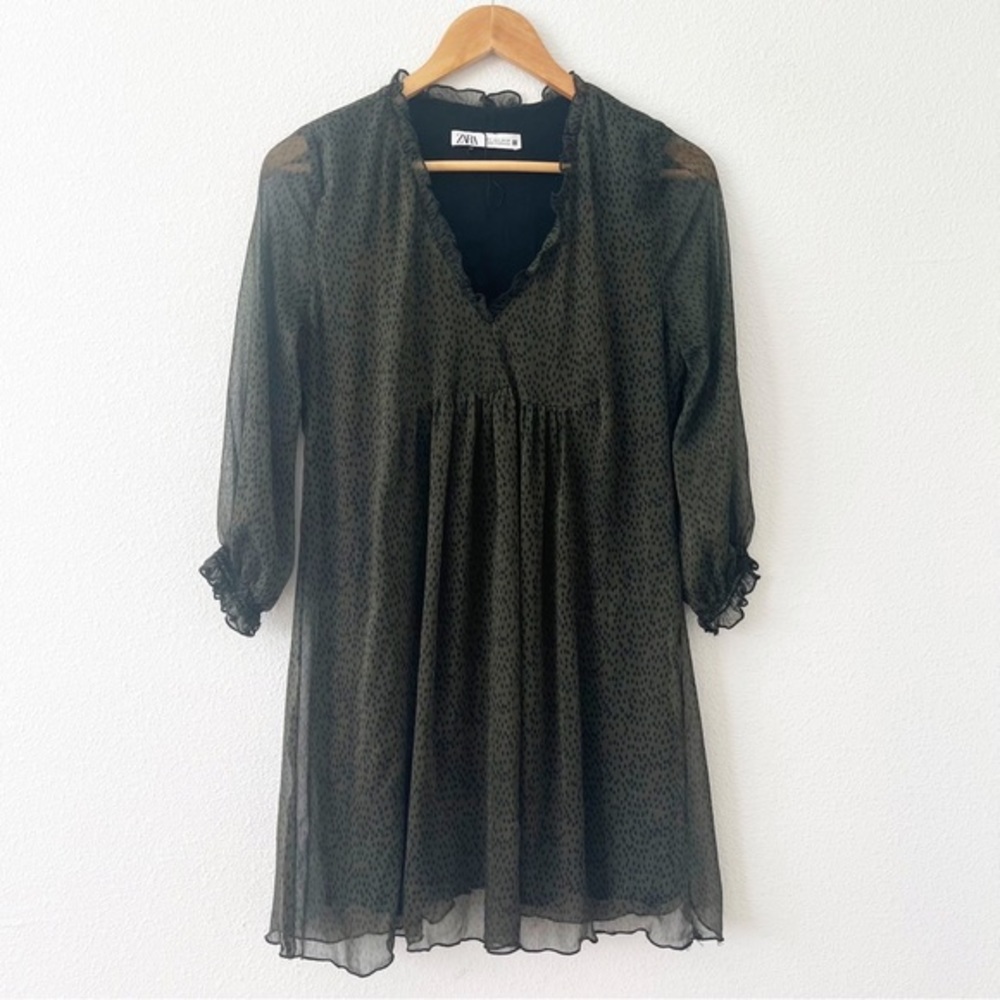 Zara Green Black Animal Print V-Neck Mini Dress